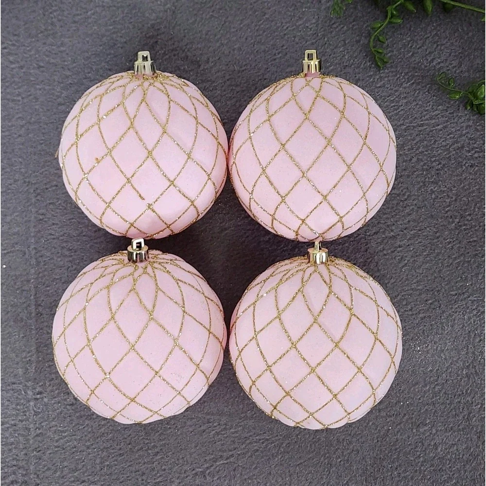 4 Pink Velvet‎ Flocked Christmas Ball Ornaments Gold Glitter Plastic 4